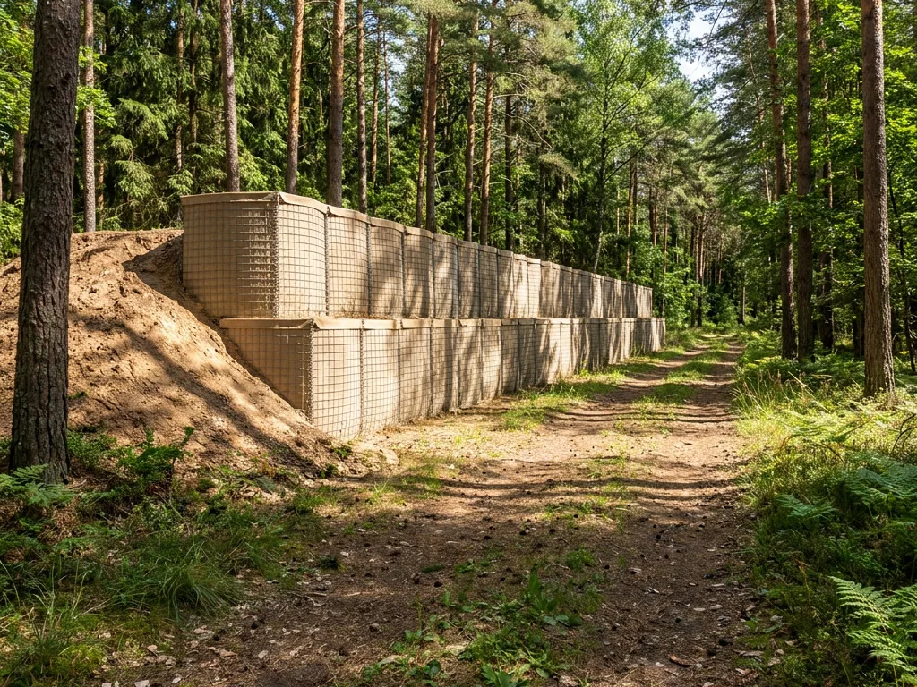 Wizualizacja: dwuwarstwowa bariera z koszy gabionowych DEFENCE wypełnionych piaskiem, przy leśnej drodze