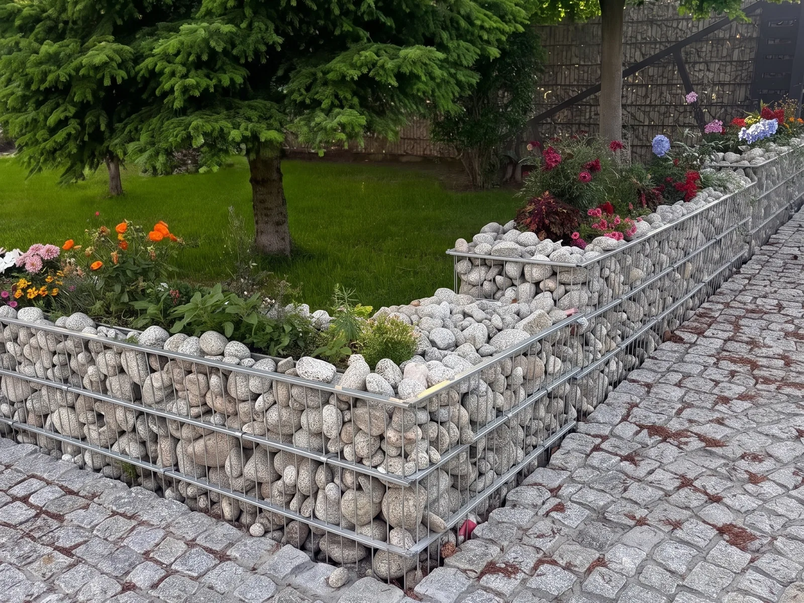 Narożny murek gabionowy z otoczakiem oddzielający rabatę od kostki granitowej