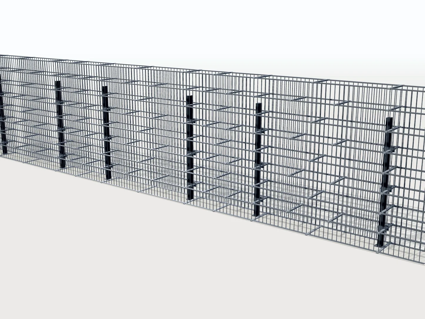 Wizualizacja 3D ogrodzenia gabionowego HD-Gabion przed wypełnieniem kamieniem – panele i słupki