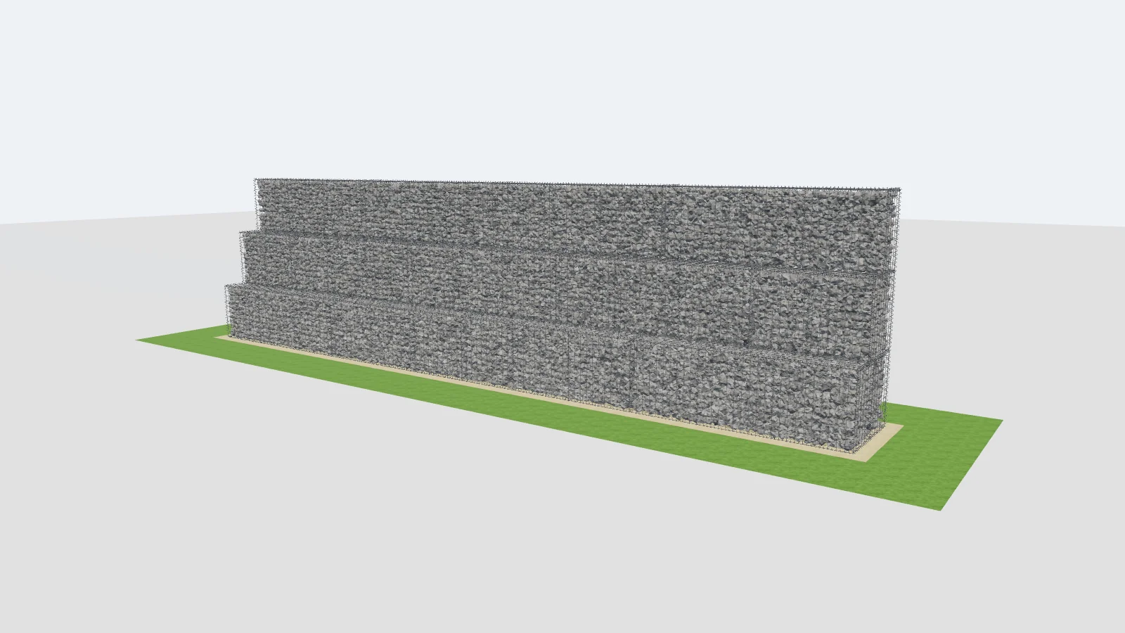 Rysunek 3D z naszego programu: schodkowy mur oporowy z trzech warstw koszy gabionowych