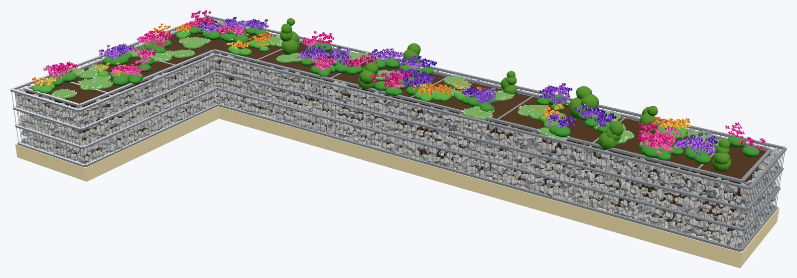 Rysunek 3D donicy gabionowej w kształcie litery L — 700 × 300 cm, szerokość 100 cm, wysokość 60 cm